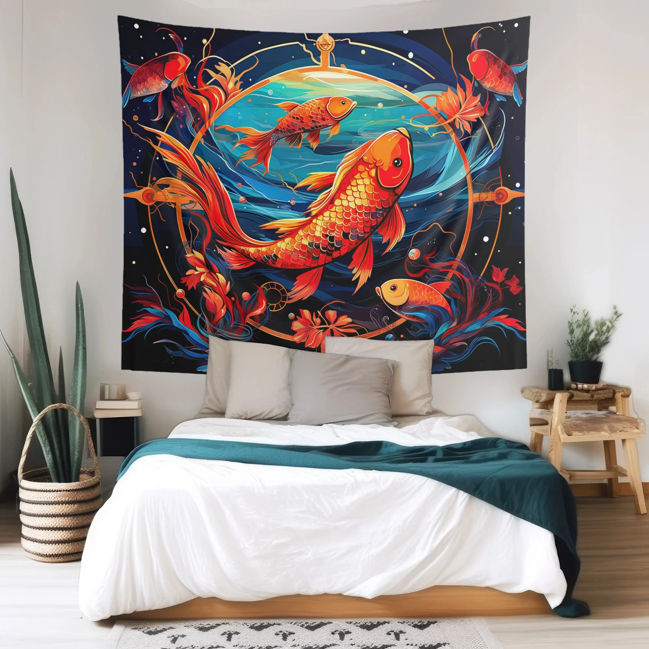 VIKAMA Black Gold Koi Carp Tapestry Universe Star Array Background Cloth Zen Feng Shui Living Room Decoration Room Decoration