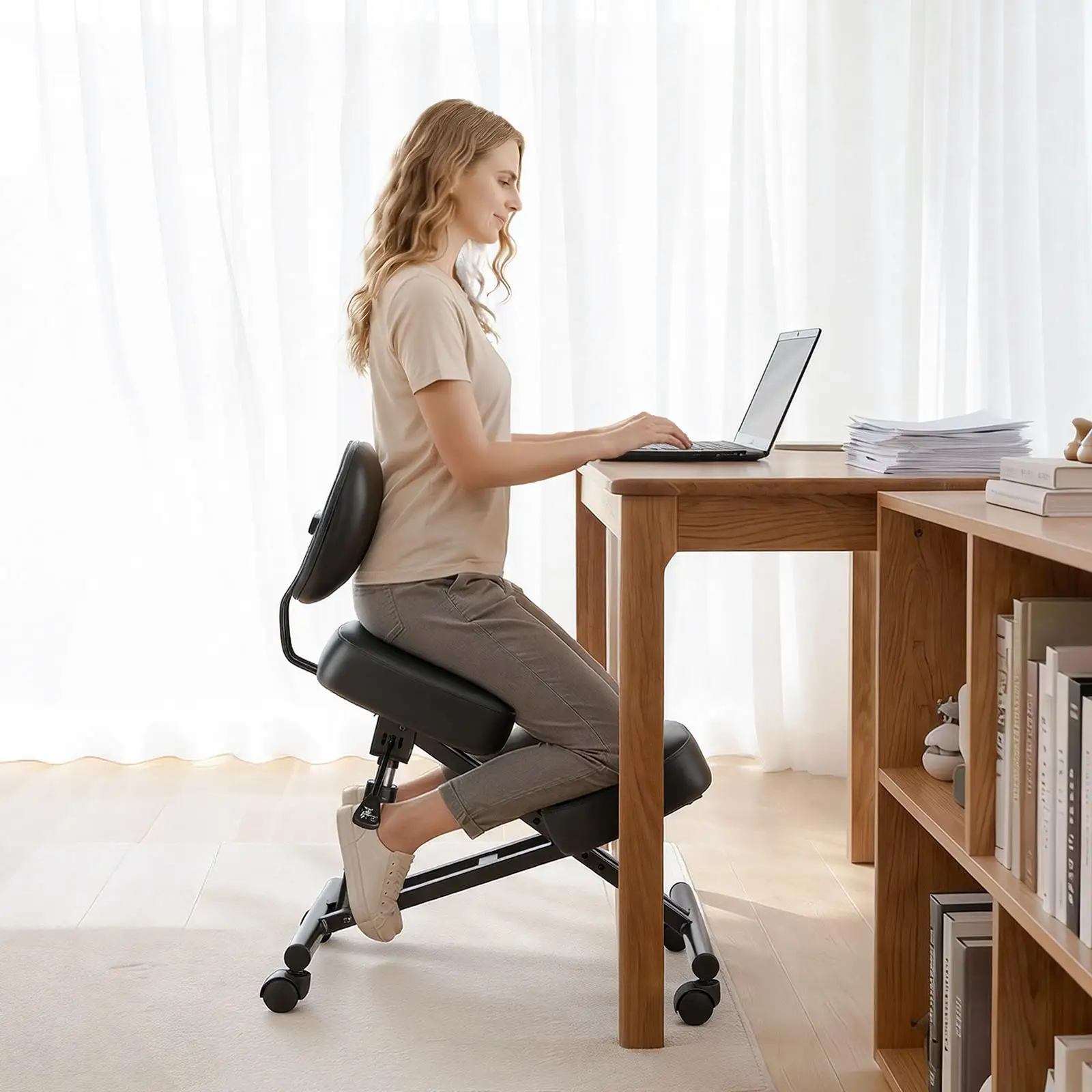 Ergonomic Kneeling Chair with Backrest Wheels Adjustable Height Thick Foam Cushions X Shape Posture Stool for home Office Meditation