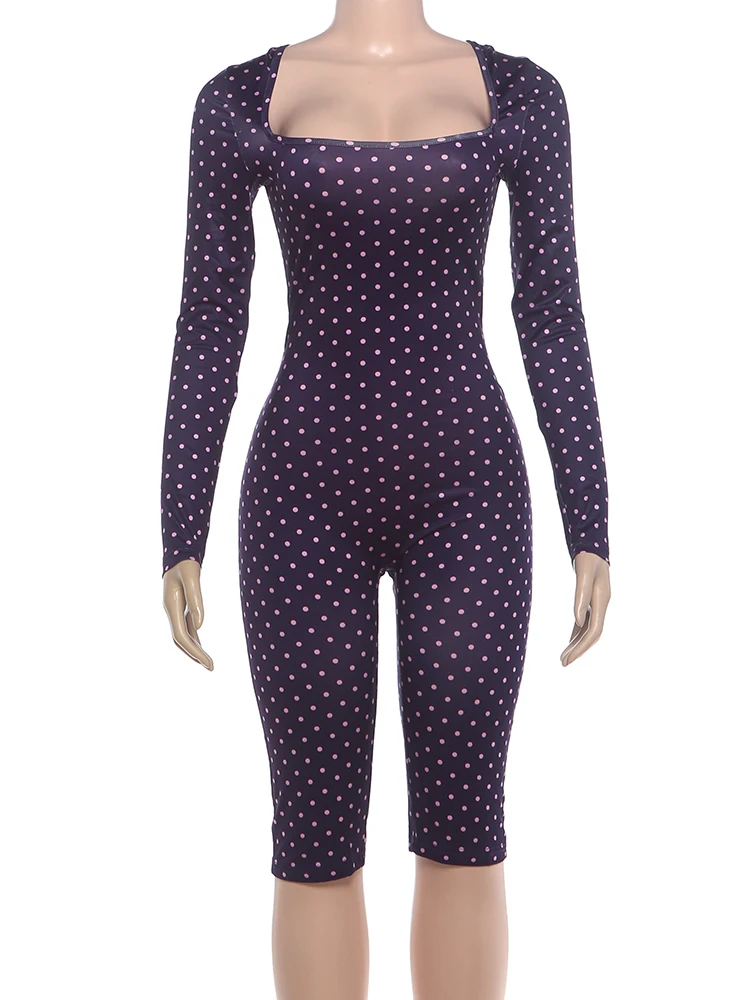 Weird Puss Sexy Mode-Playsuits für Damen, Polka-Dot-Print, quadratischer Kragen, lange Ärmel, figurbetont, Pfirsichfarben, für Mitternachtsclub-Partys – Detail 12