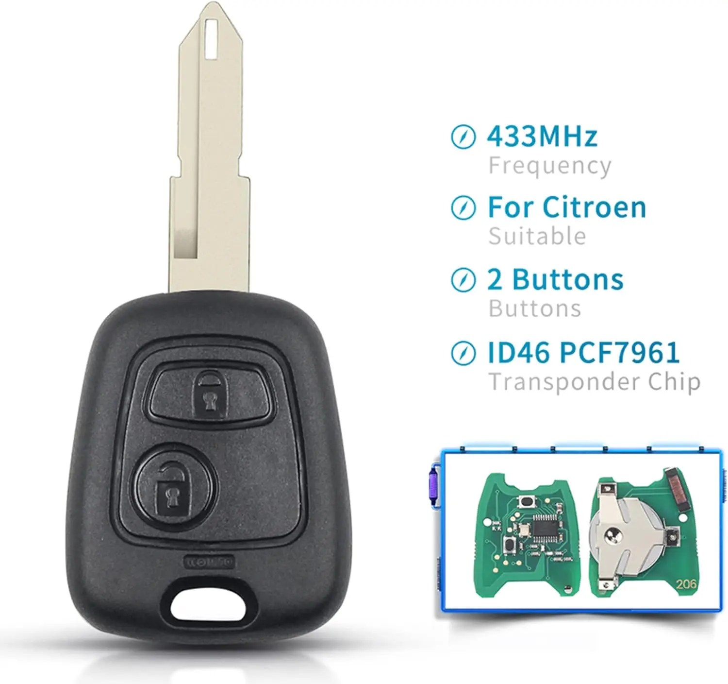 รถ 2 ปุ่มใช้งานร่วมกับ Peugeot 206 306 405 เปลี่ยนรีโมทคอนโทรลสําหรับ Peugeot 206 433 MHz ID46