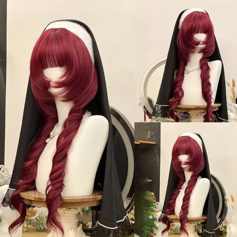 Wine Red Double Ponytail Long Curly Synthetic Wig Lolita Women Roman Roll Role Play Heat Resistant