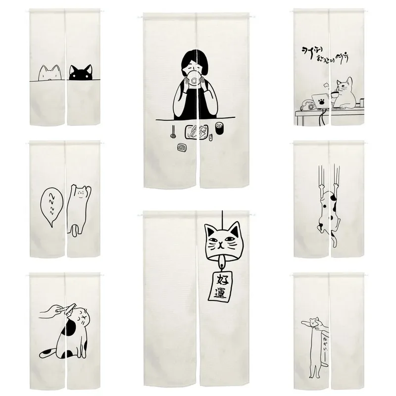 VIKAMA Kitchen Door Curtain - Japanese Cartoon Cat Half-Panel Adorable Lucky Cat Room Divider Hallway Home Decor
