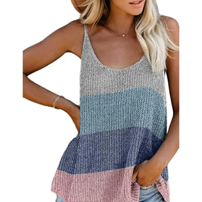 Summer 2024 Cross Border Knitted Tank Top in Europe and America with Contrast Round Neck and Suspender Knitted Women