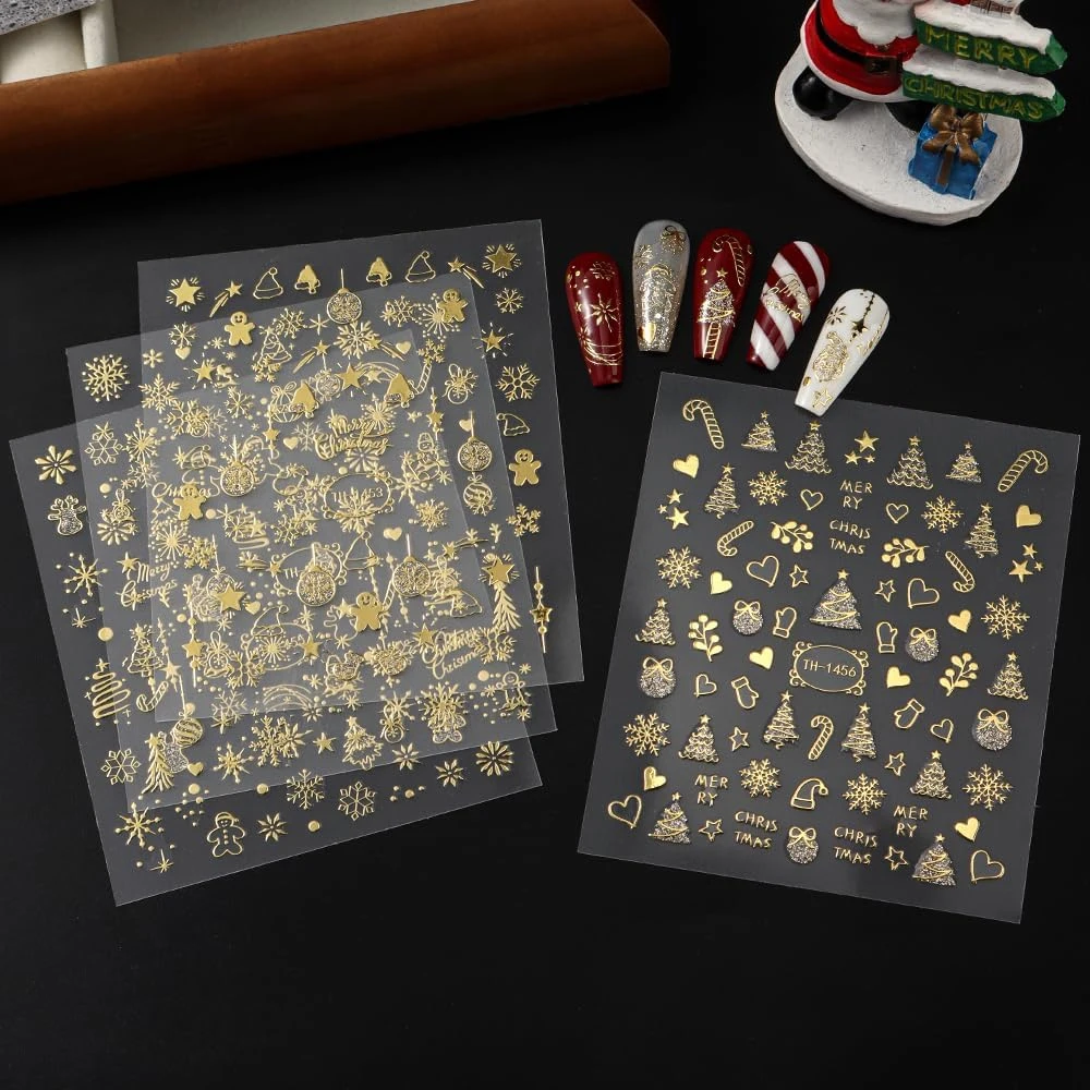 สติกเกอร์ติดเล็บลายคริสต์มาส 3 มิติ สีทอง 2 ชิ้น ลายเกล็ดหิมะระยิบระยับ ต้นคริสต์มาส ลูกโลกหิมะ เกล็ดหิมะ สติกเกอร์เล็บลายคริสต์มาส