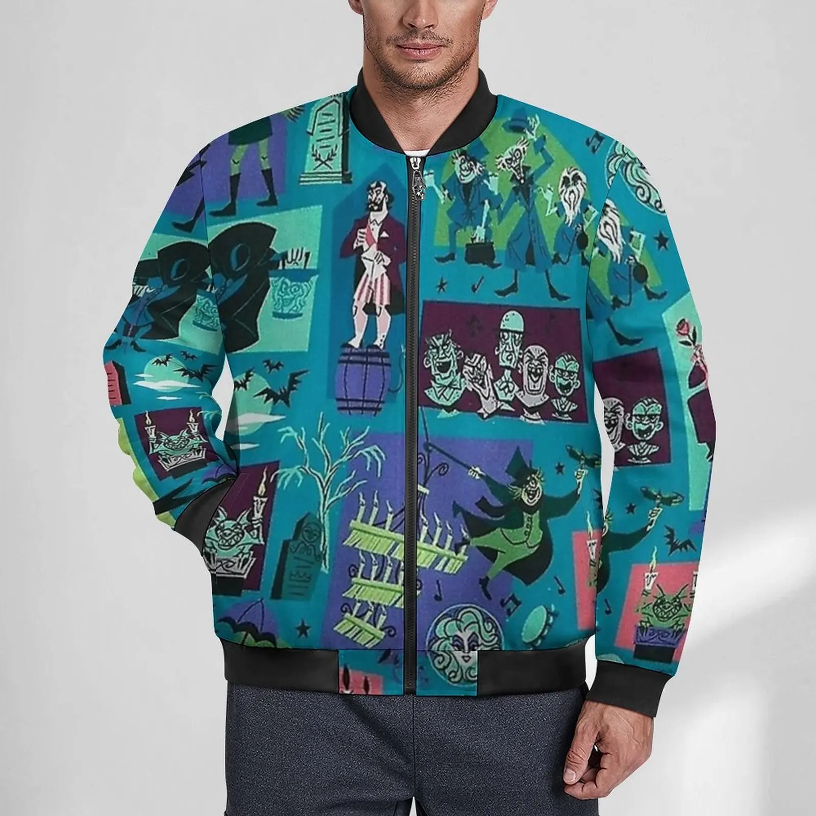 

Magic Mansion Jackets Man Halloween Autumn Coats Trendy Zipper Casual Windbreakers Graphic Loose Jacket Large Size