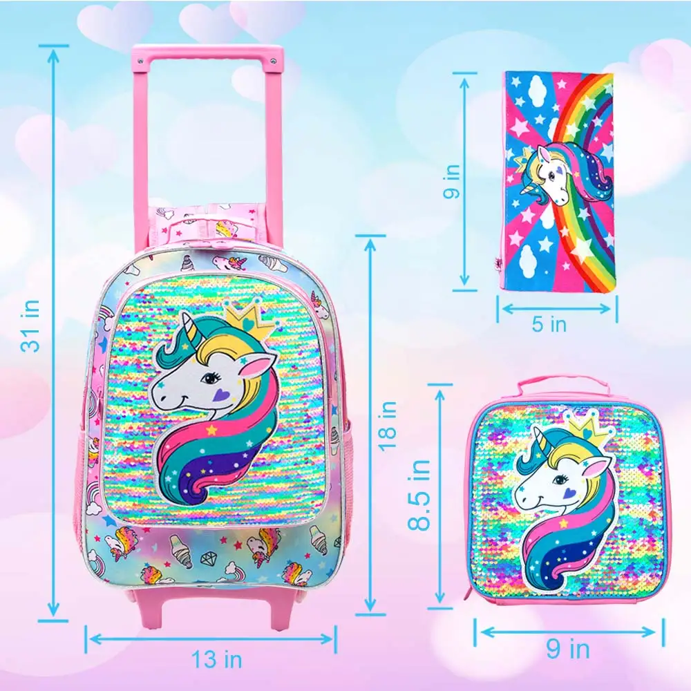 3PCS Rolling Backpack for Girls Kids Roller Wheels Bookbag  with Lunch Bag Pink Unicorn Glow-in-the-dark Function