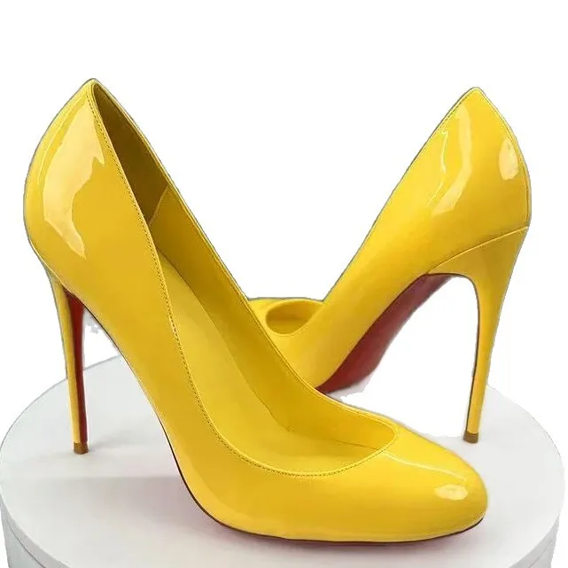 

Yellow Leather Round Head Light High Heels Large Size 46 Size 12 Cm Women's Shoes