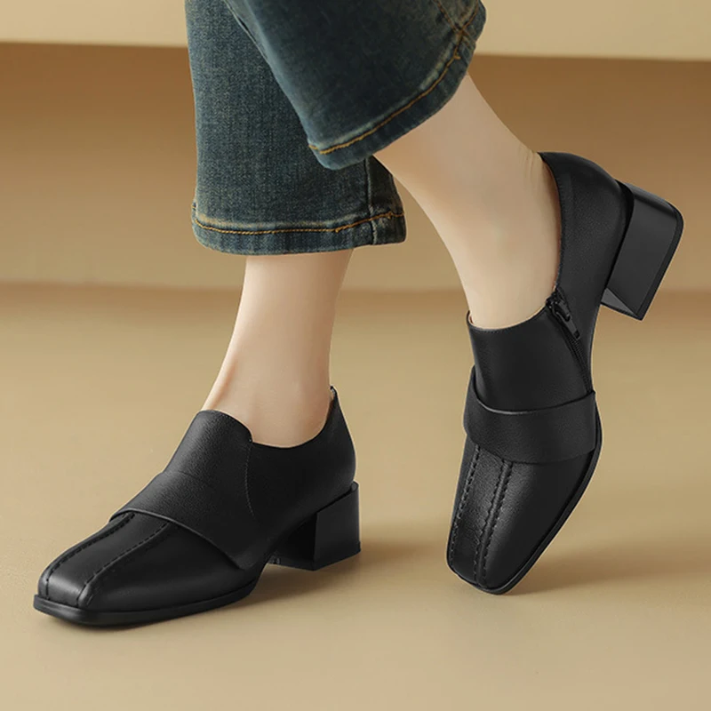 

New Genuine Leather High Heel Shoes Square Toe Woman Dress Black Round Toe Ladies Loafers High Heel Simple Comfortable Shoes