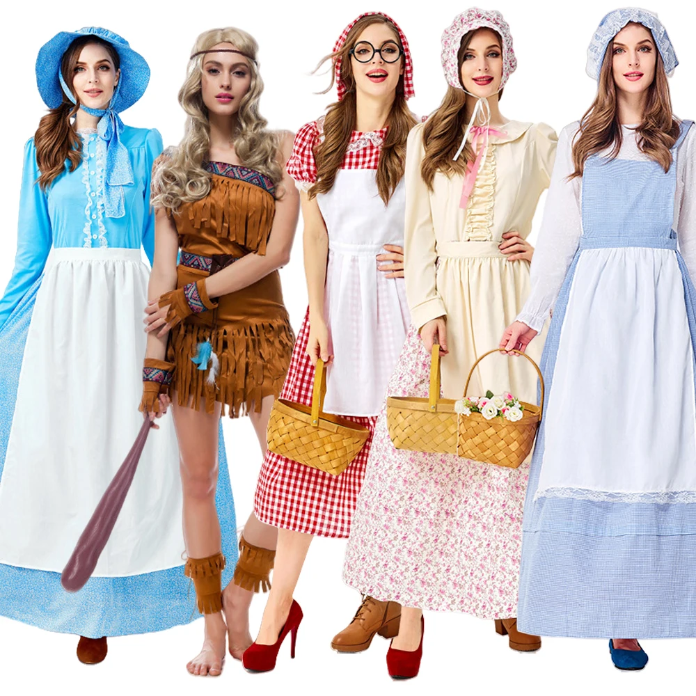 

loween Fairy T Wolf andmother Costume Prairie Girl Farm Girl Indian Print Ethnic Women's Clothing Summer Polyester
