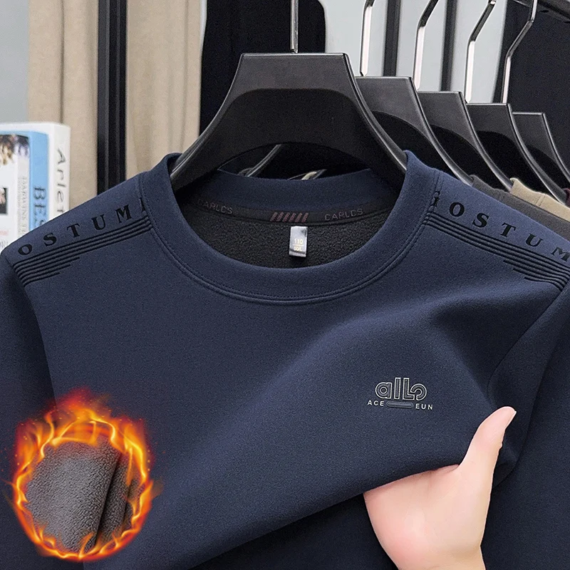 

Men's New Round Neck Pullover T-shirt with Added Velvet and Thick Hoodie for Autumn and Winter, Warm Bottom Shirt