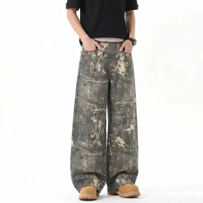 

High Street Men's Baggy Embroidered Camouflage Jeans American Style Vintage Washed Widel Eg Casual Denim Trousers 9X3656