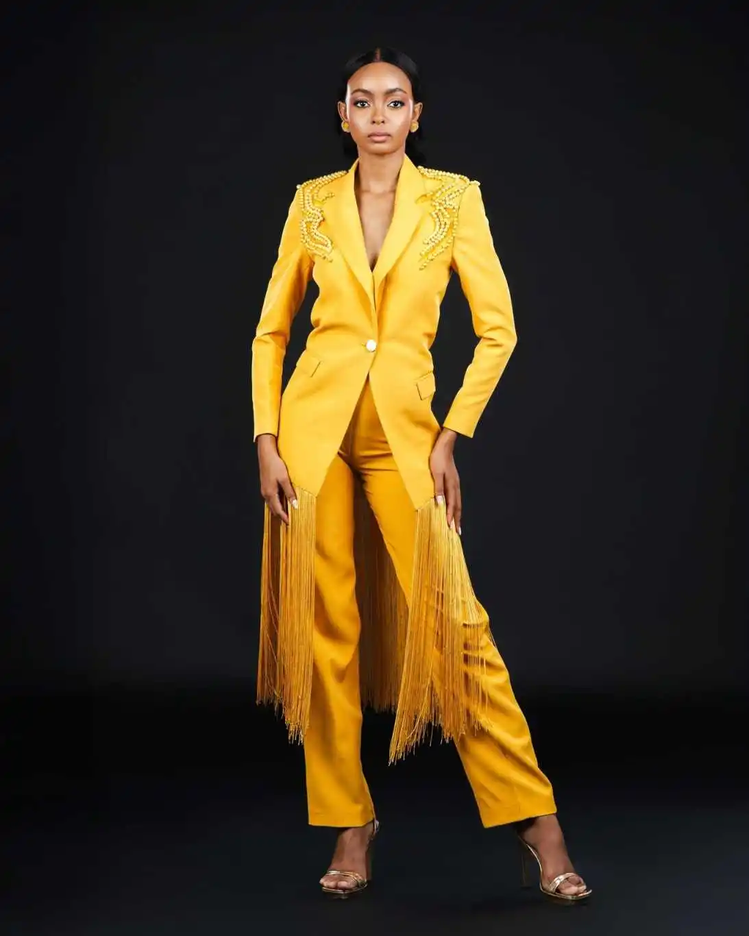 Vintage One Button Women 2 Pieces Power Pants Jacket Tassels Beads Pearls Long Blazer Plus Size Customized Daily Dresses