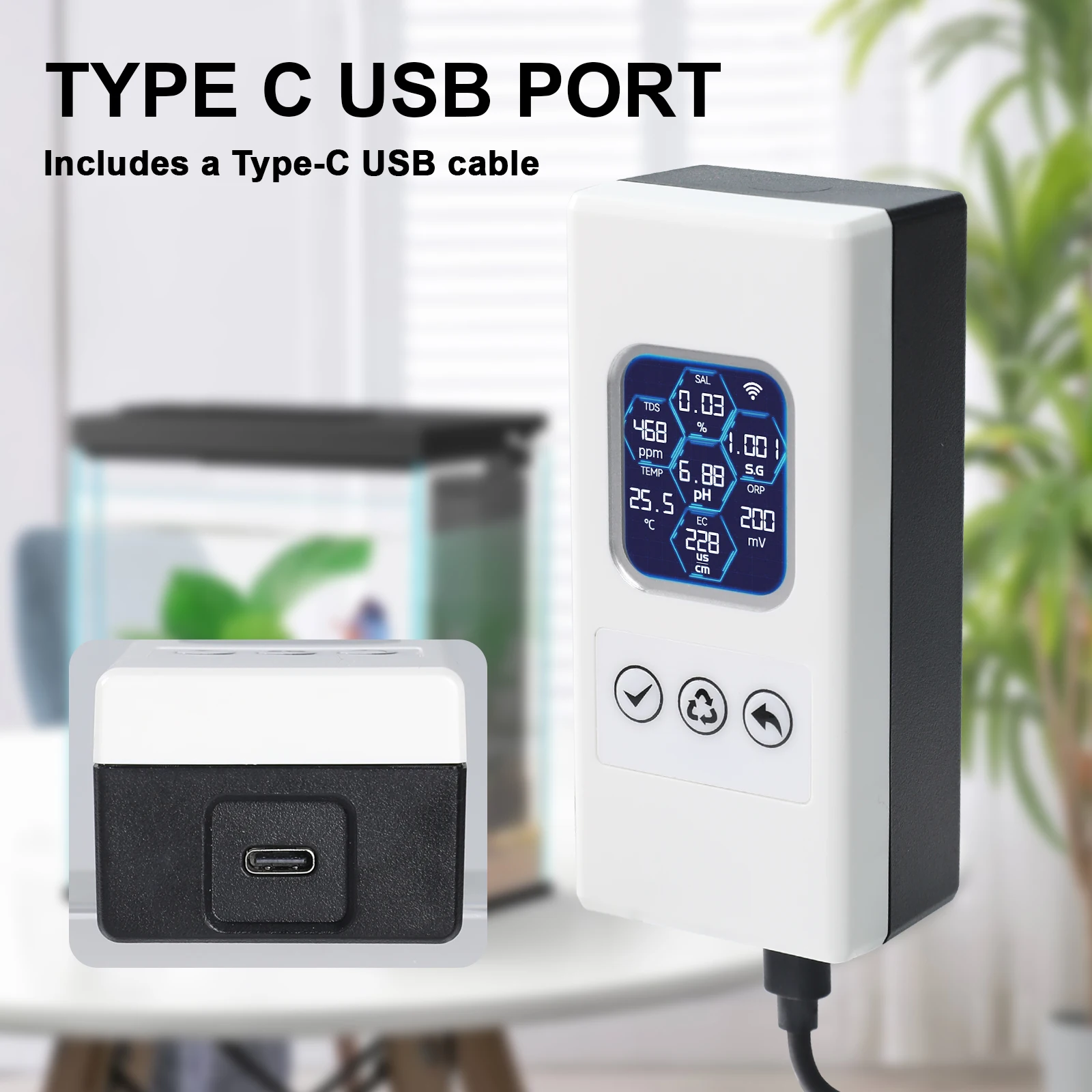 7-in-1 Smart Aquarium Water Monitor Real-Time APP Alerts with Replaceable Probe PH TDS Temperature EC Salinity SG ORP