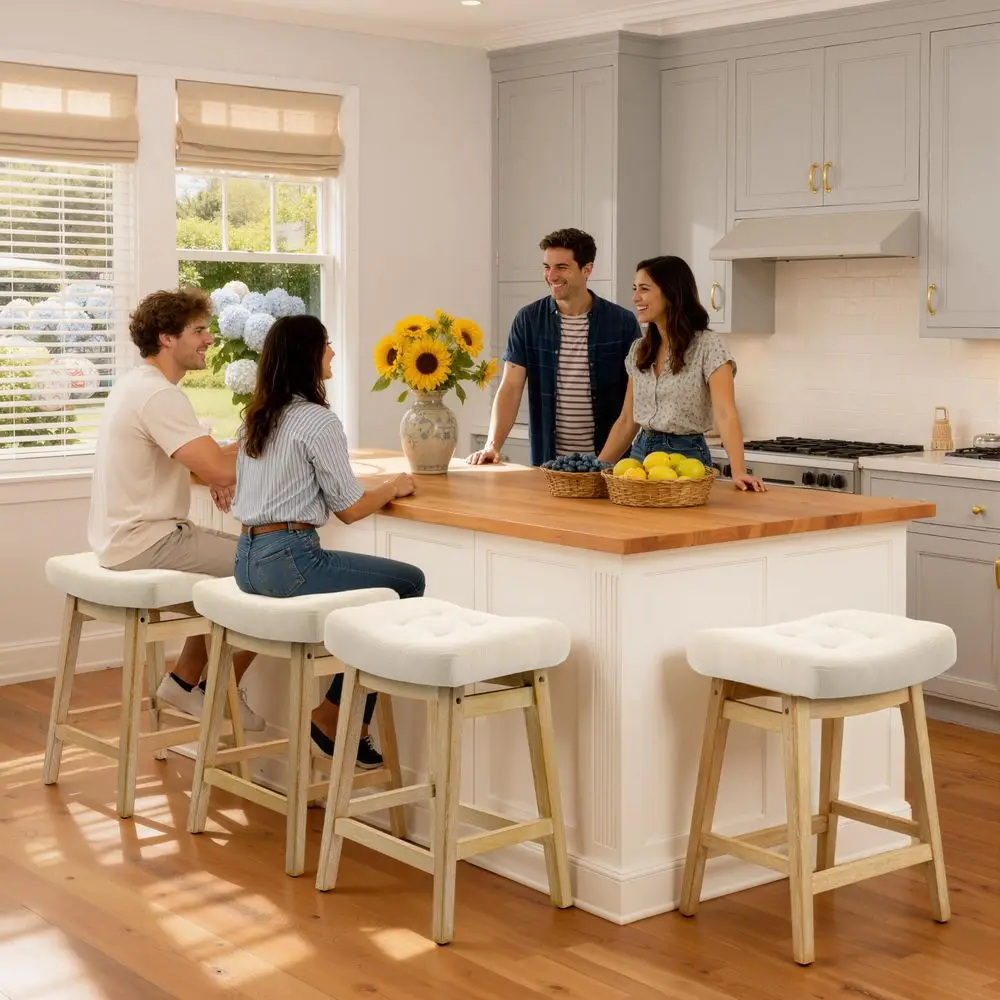 

Height Bar Stools Set of 4 for Kitchen Counter, Backless Farmhouse Island Short Barstools No Back with Padded Fabric Saddle Sea