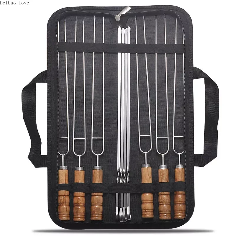 

10 PCS/Set Stainless Steel Wire BBQ Skewers Wood Handle Grill Roasting Sticks Outdoor Camping BBQ Tools Storage Bag Kit