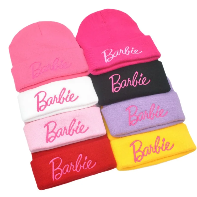 Barbie Knitted Hat Woolen Kawaii Y2K Woolen Hat Female Soft Warm Elastic Hiphop Cap Girl Leisure Beanie Hats Kids Adults Gifts