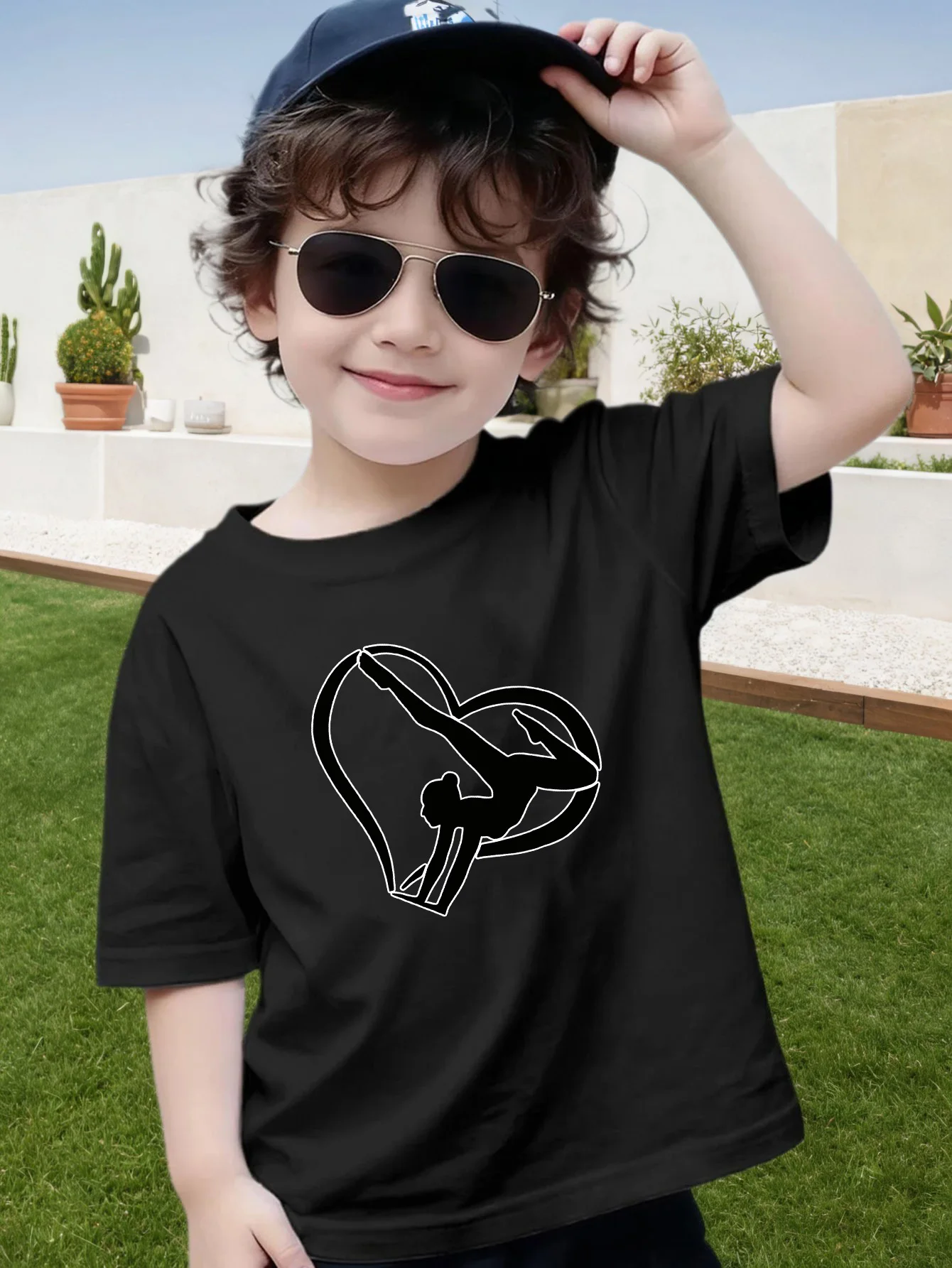 Heart Gymnastics Girl Silhouette Print Boys Girls Family Matching Cotton Short Sleeve Crew Neck Soft Summer Kids Casual Tees