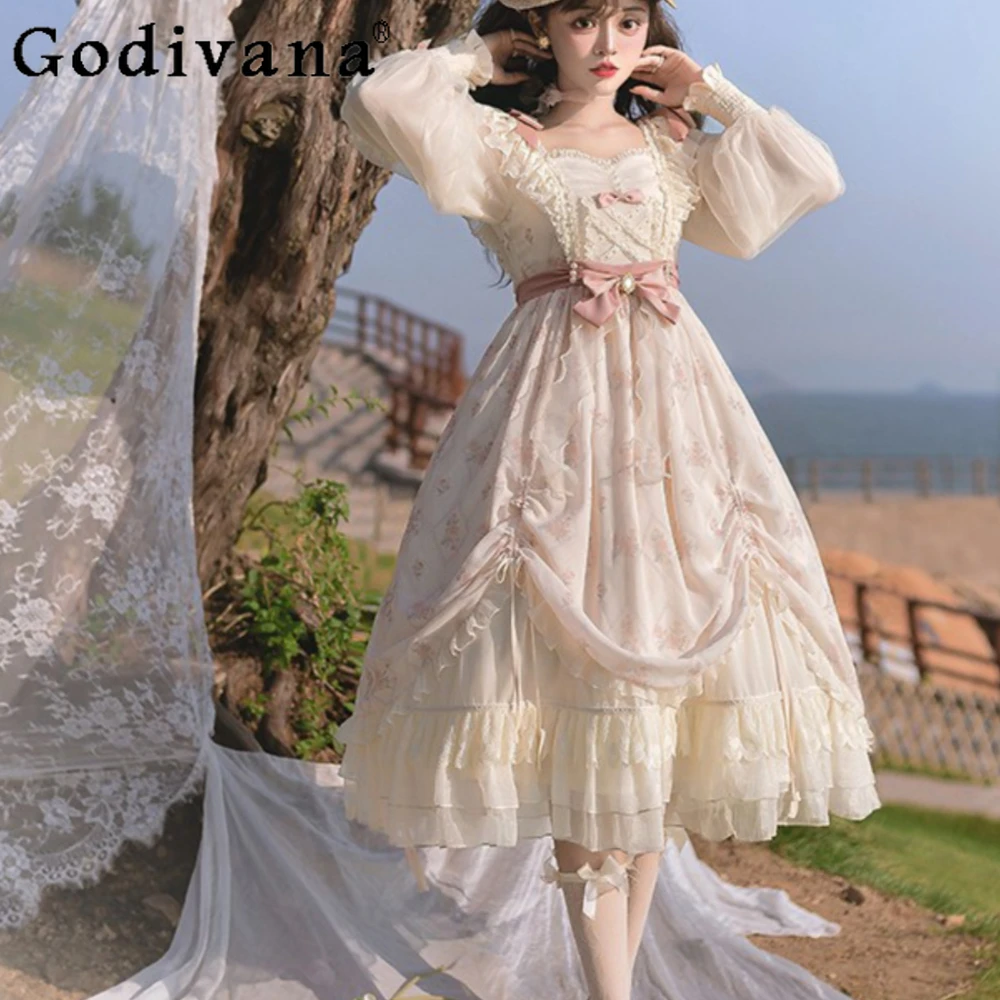 Elegant Lolita Dresses Sweet Cute Long Sleeve Dress Spring and Autumn Long Dresses for Women Robe