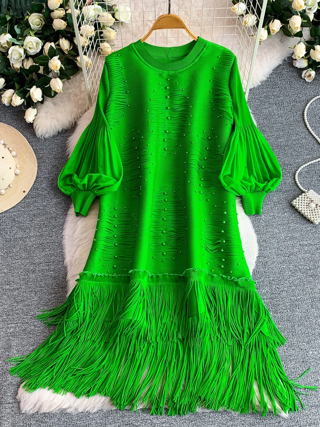 

Elegant round Neck Lantern Sleeve Long Dress Women's Summer Fashion Tassel Trim Heavy Embroidery A-Line Dress City Commute