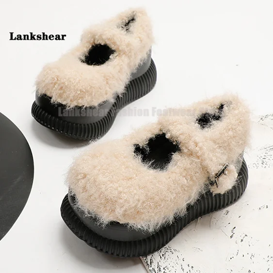 

Beige Lamb Fur Mary Jane Shoes Women's Round Toe Side Buckle Shoes Increase Fur Shoes Thick Sole Shoes Black Fur Shoes 34-40