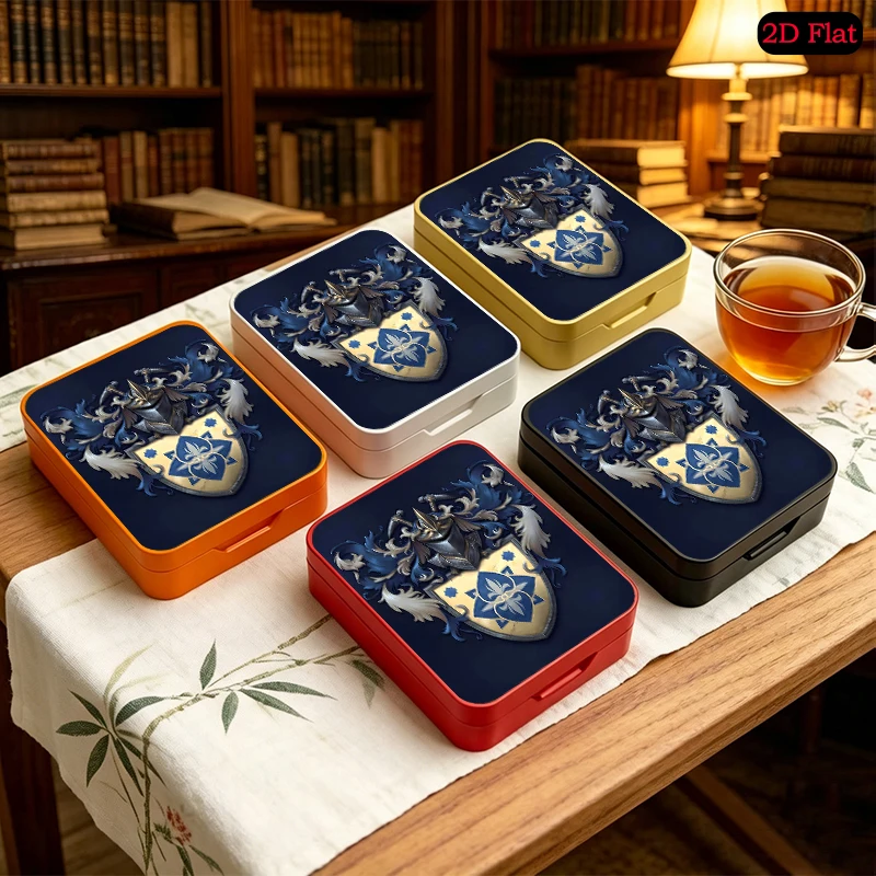 Knight’s Heraldic Shield Emblem Theme UV Printed Metal Flip Top Tin Box, Custom Photo Square Tinplate Box, Desktop Organizer