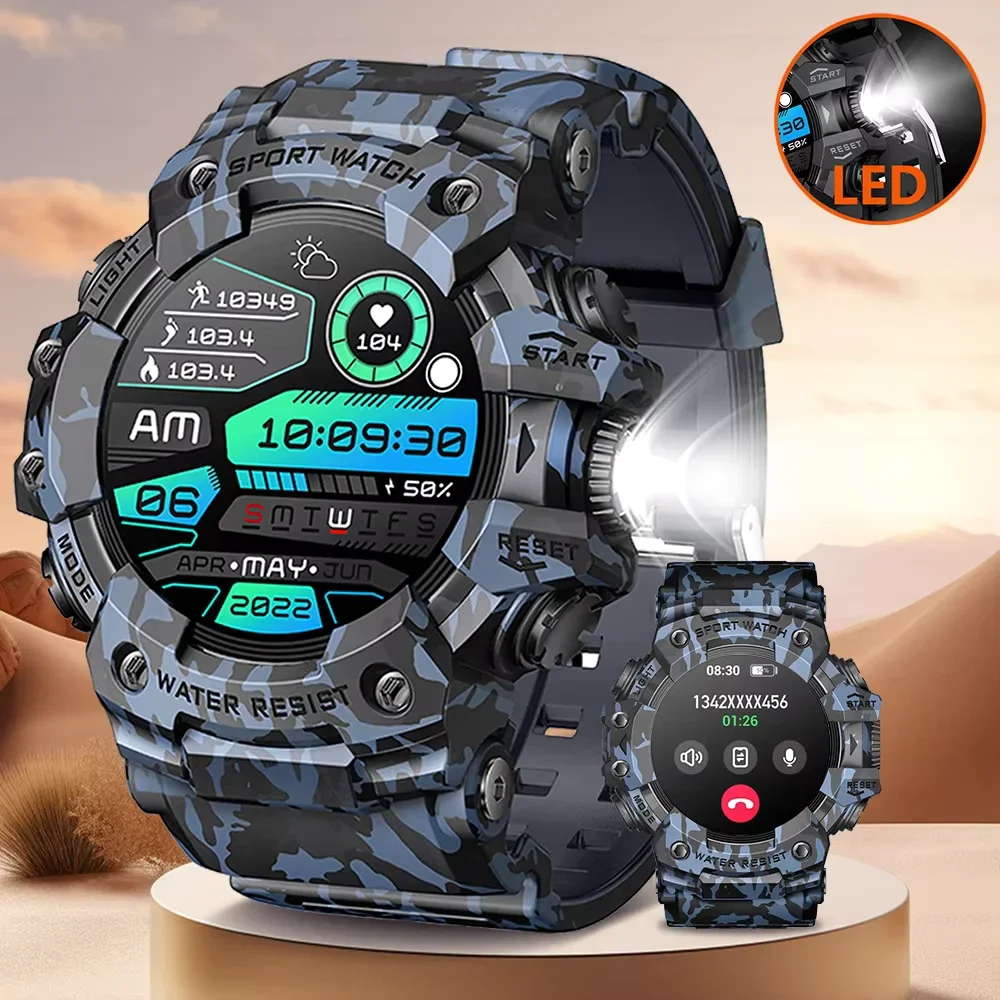 

Мужские умные часы для активного отдыха, водонепроницаемые, с Bluetooth-вызовами, компасом, монитором сна и здоровья, функцией push-уведомлений и фонариком