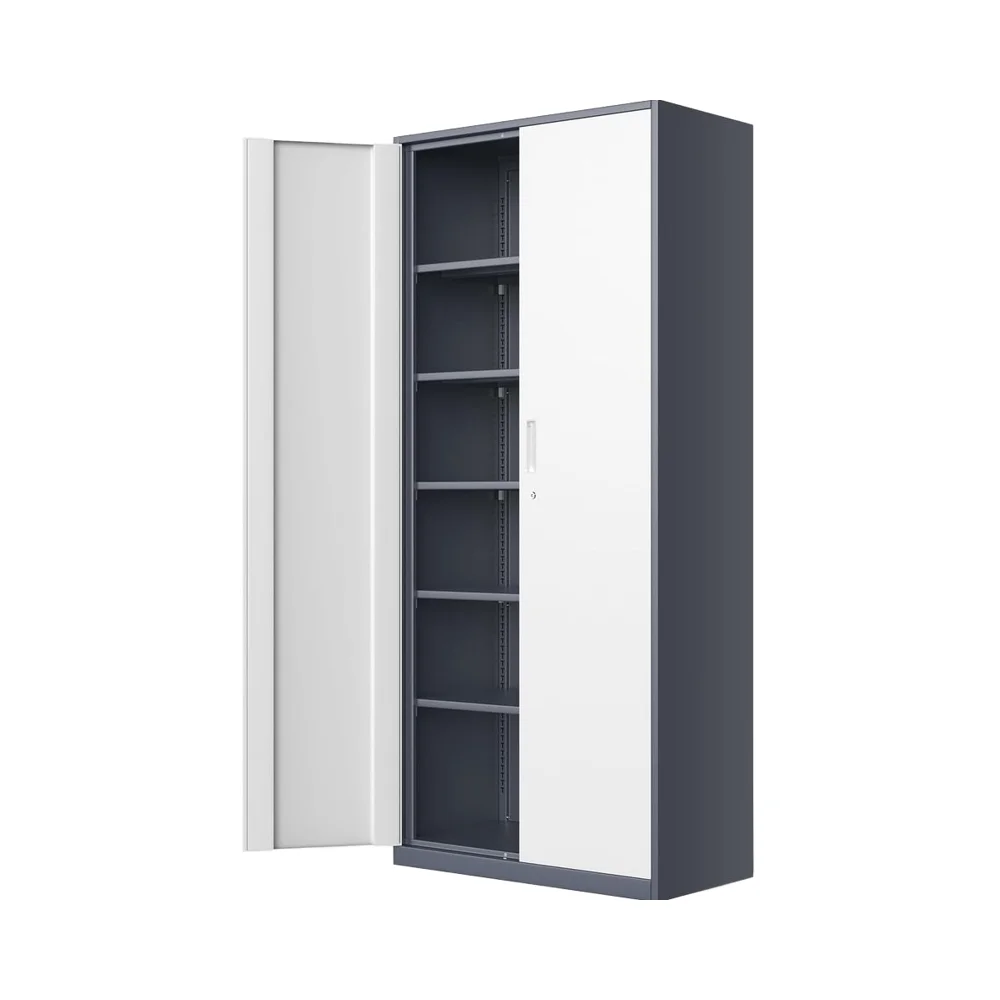 #￥Modern Heavy-Duty 71'' Metal Storage Cabinet 5 Adjustable Shelves Easy Assembly Locking Utility for Garage Office HomeGym-Gray