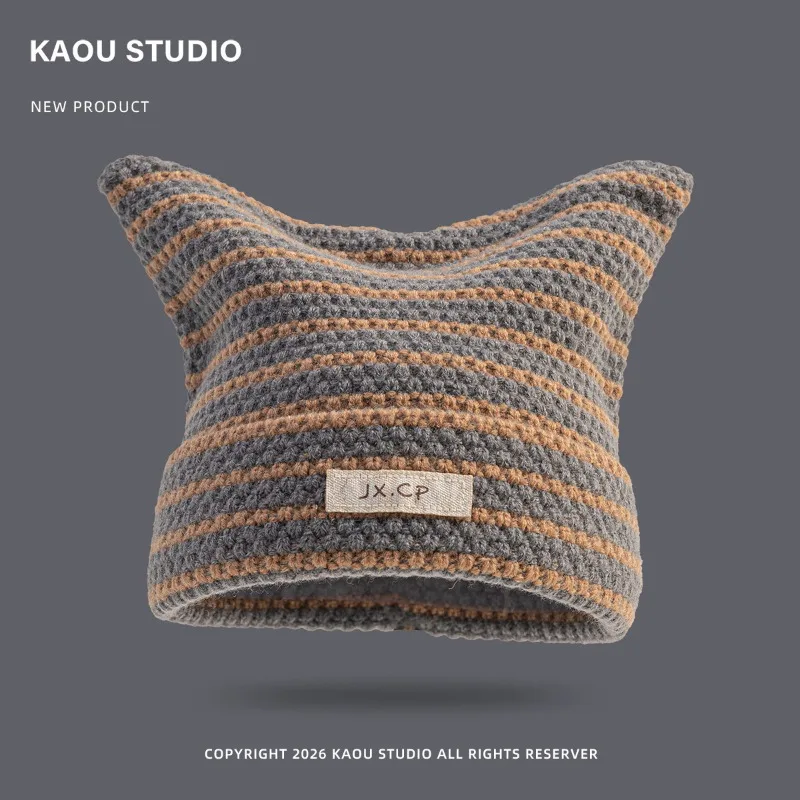 Japanische Dopamin-Mütze mit süßen Katzenohren, gestreift, gestrickt, mit Ohrenschutz und Wärmeisolierung, Y2k Skull Beanie für Männer und Frauen – Detail 10