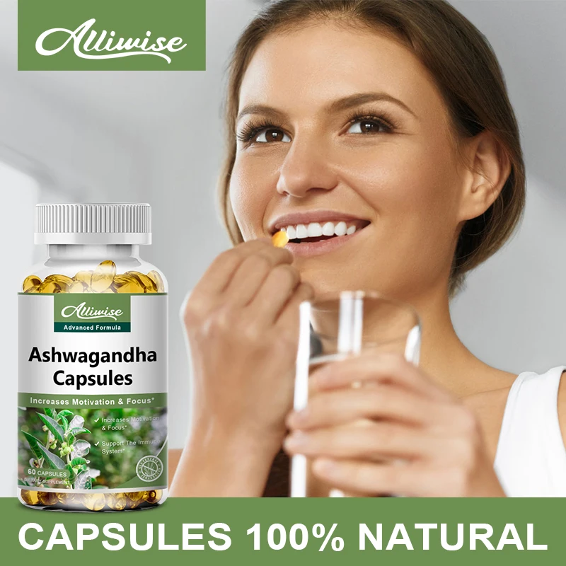 Alliwise Pure Organic Ashwagandha Extract Capsules Relieve Stress Enhances Immunity for Boost Energy Improves Sleep Supplement