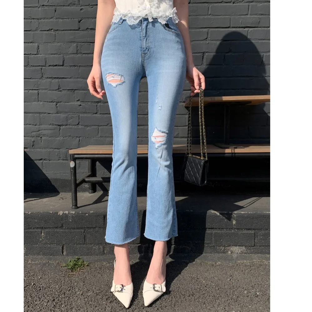 

Sexy Classic Hole Slim Fit Ankle Denim Jeans Nine Point Pants High Waist Cotton Stretch Denim Fabric Pure Color Four Seasons ...