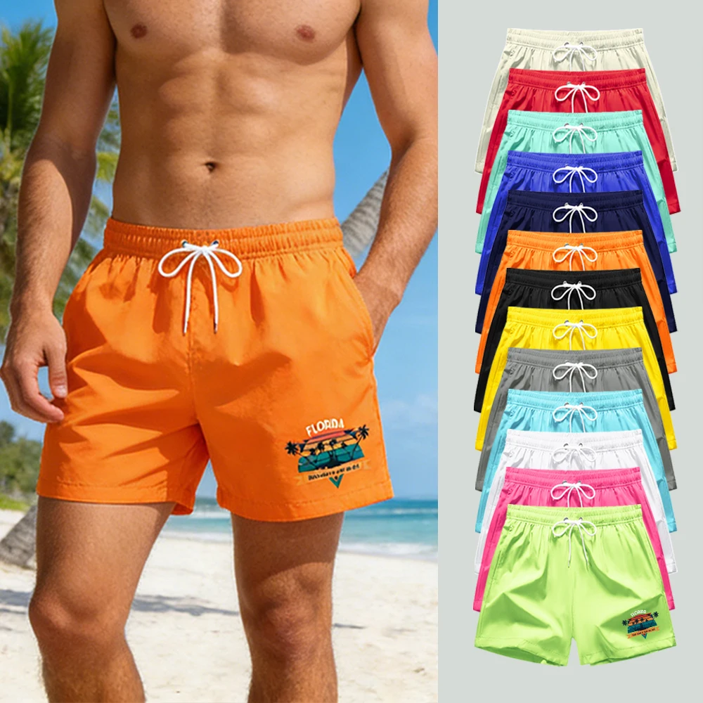 

Men's Quick Dry Surf Board Beach Shorts Elastic Waist Drawstring with Mesh Liner & Pockets "KEEP CALM & SURF ALL DAY!" Print