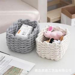 Nordic Cotton Rope Woven Small Storage Basket Rectangle Cotton Rope Storage Desktop Sundries Make up Organizer Home Decor