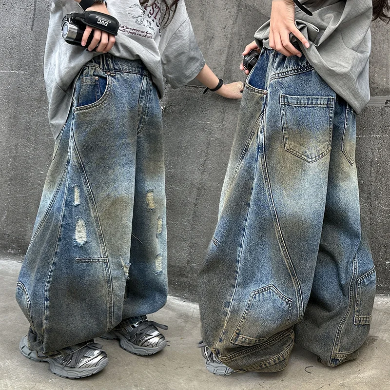 ZOETOPKID Tween Girl High Fashion Distressed Wide Leg Banana Jeans for Child Luxury Denim Pants Kids Dirty Washed Jeans Trousers
