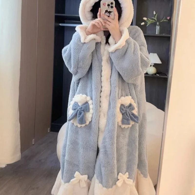 ชุดคลุมอาบน้ำสำหรับผู้หญิง ชุดนอน ชุดนอนฤดูหนาว ชุดนอนน่ารัก ผ้าฟลีซ ชุดนอนแบบชิ้นเดียว ชุดนอนมีฮู้ด แขนยาว ชุดนอนใส่ในบ้าน
