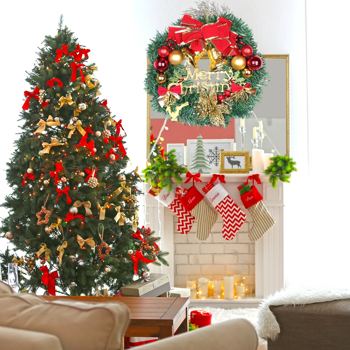 

1pc Artificial Christmas Garland Rattan Decor Xmas Balls Door Wall Fireplace Christmas Rattan Wreath Party Decoration