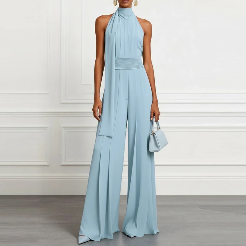 

Fashion Solid Off Shoulder Wide Leg Jumpsuit Elegant Hang Neck Backless Pleate Commute Romper Casual Woven High Waist Playsuit
