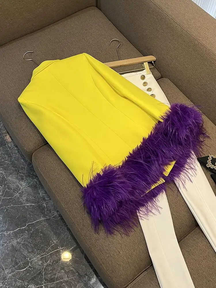 Faionable Women's Autumn Winter Suit Jaet Removable Feather Trim Commute Sle Long Sve Double Button Pure Color