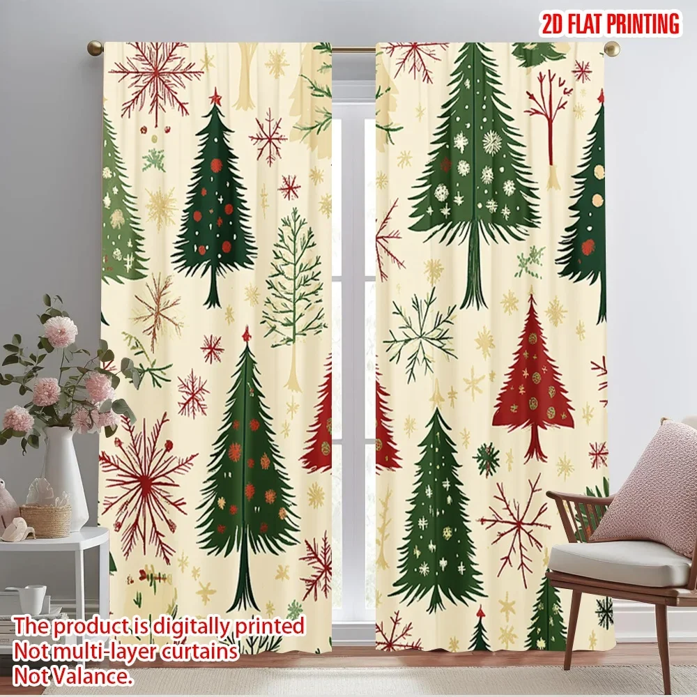 2pcs,2D plane printing Minimalist Curtains Christmas Tree Snowflake_a (3) Polyester Fabric (without rod) Festive Use for Living