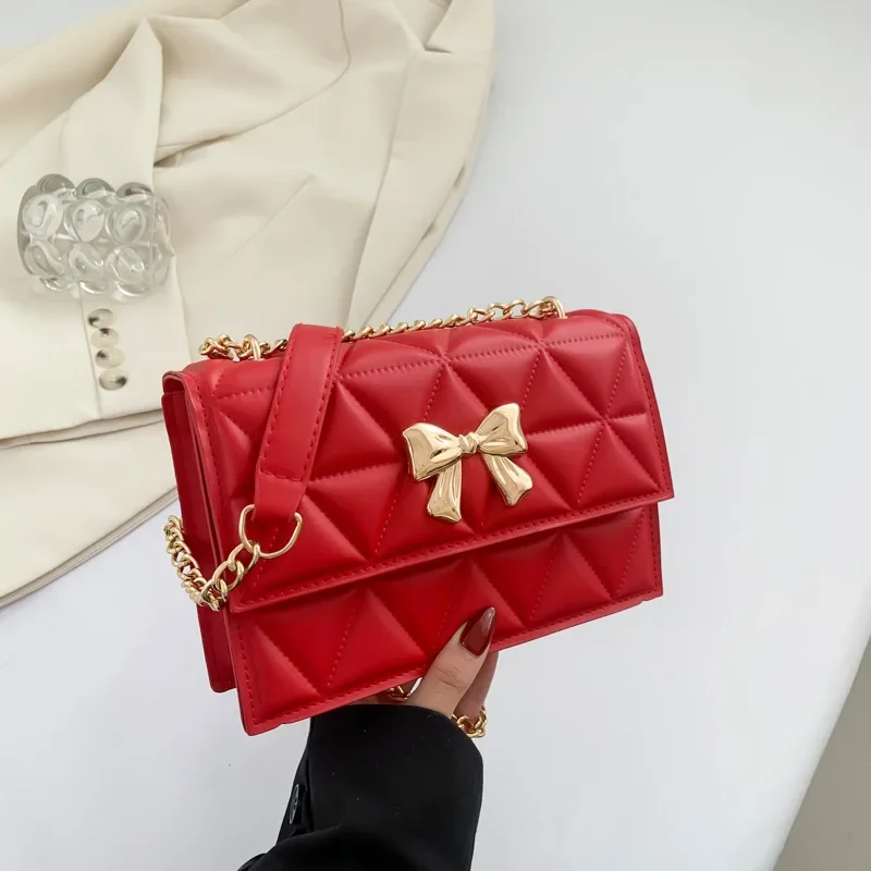 Niche design chain bag women's  spring new trendy bow decoration single shoulder oblique span diamond square bag