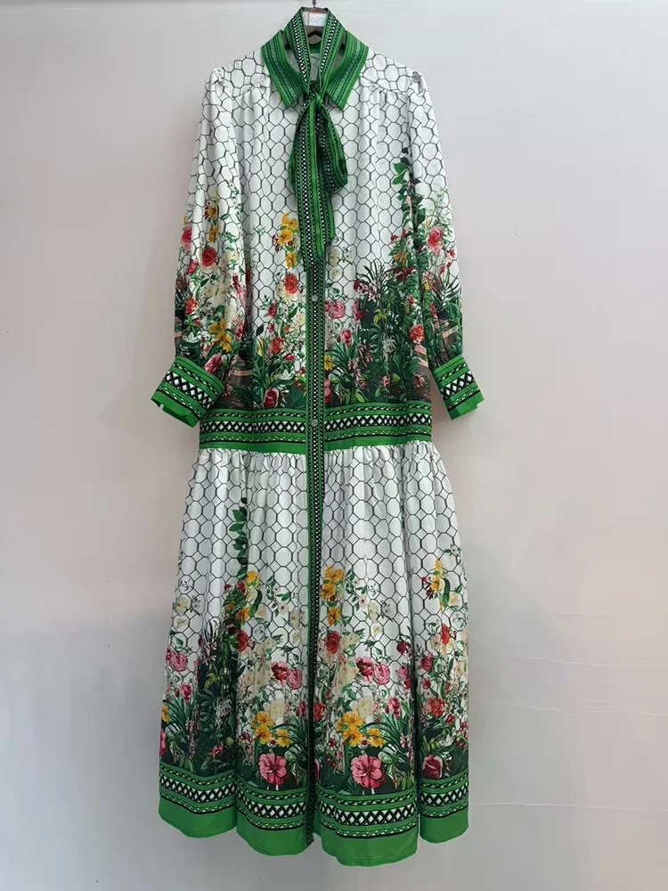 2025, Frühling frauen Hemd Rock Retro Geometrische Gedruckt Kragen einreiher Binden Taille Kleid Modische Lose Puff Rock