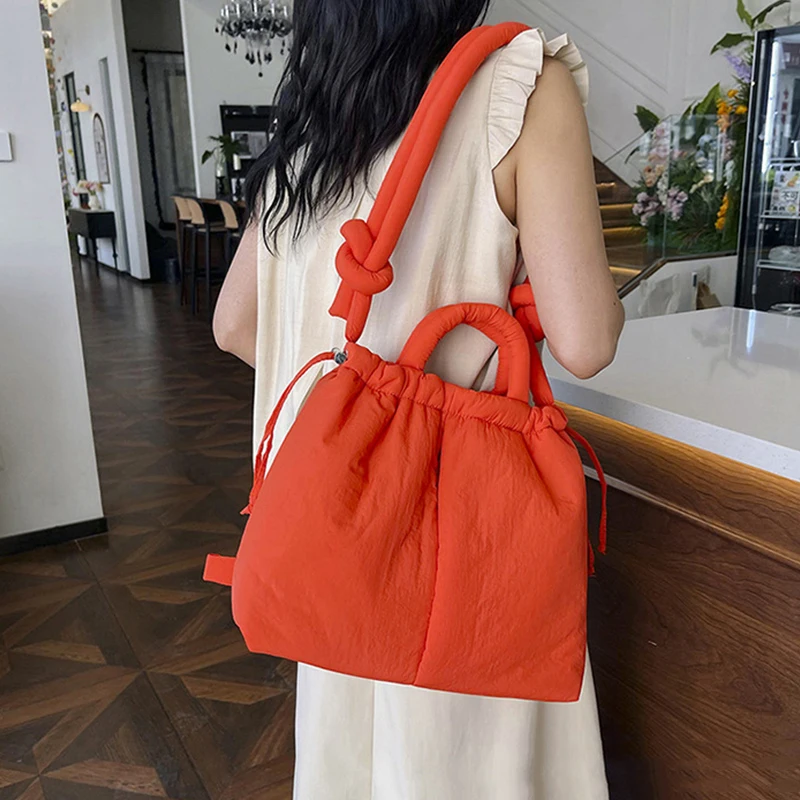 Moda na co dzień o dużej pojemności rozdymkowa torba z grubej bawełny projektant wyściełane nylonowe damskie torby na ramię torebki wiązany pasek torby typu crossbody