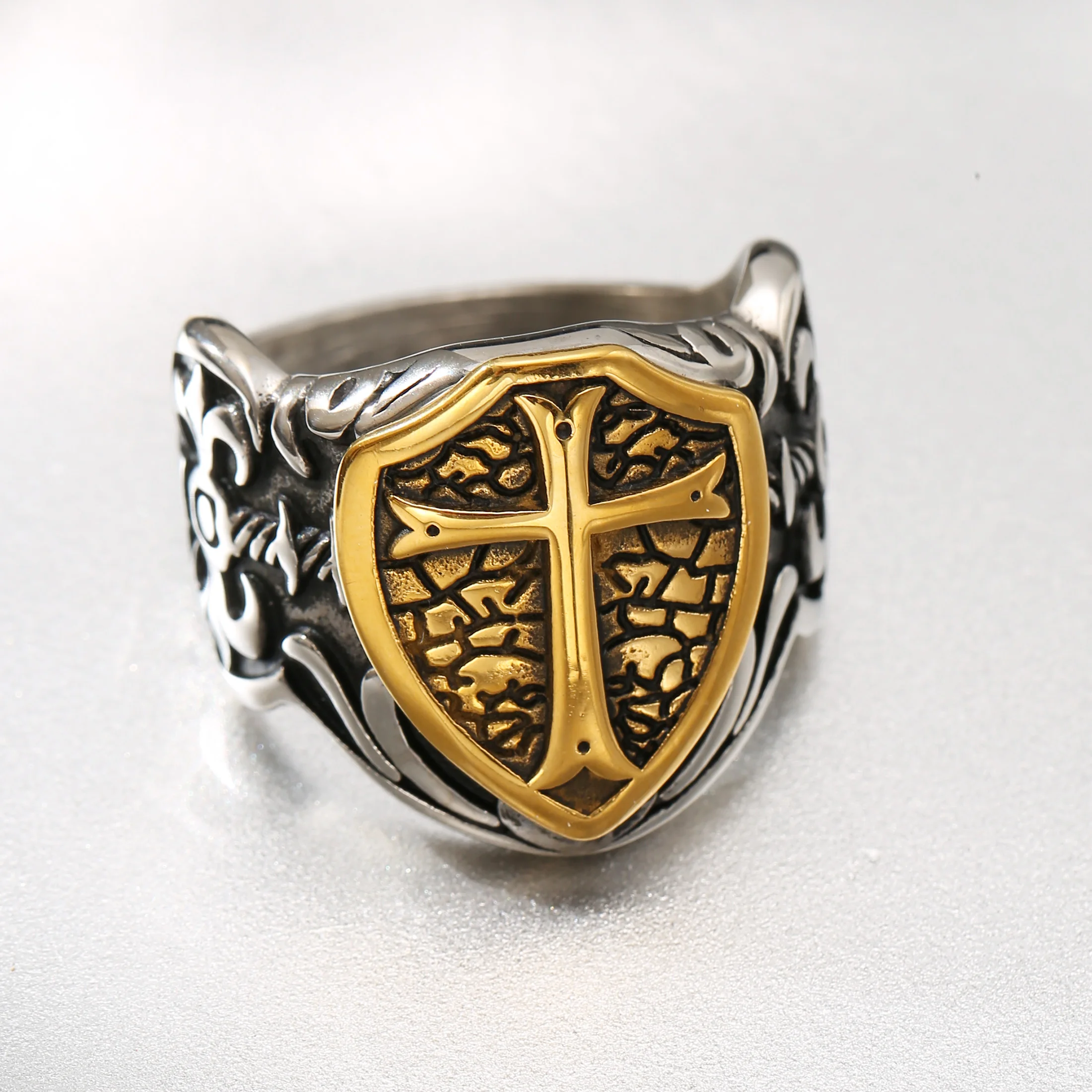 LNCHRAN Men 316L Stainless Steel Two-Tone Plated Cross Shield Signet Ring Medieval Gothic Jewelry Gift For Men - view 3