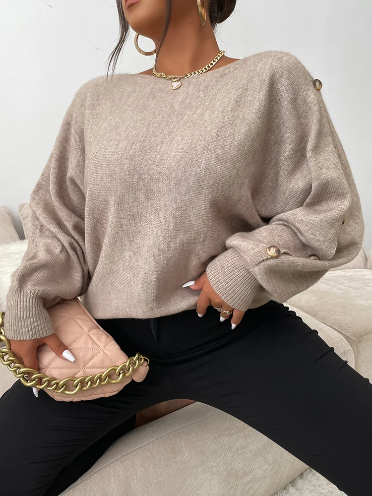 ONELINK Autumn Winter Knitted Tan Khaki Plus Size Pullovers Sweater For Women Casual Hollow Buttons Up Loose Long Sleeves Tops