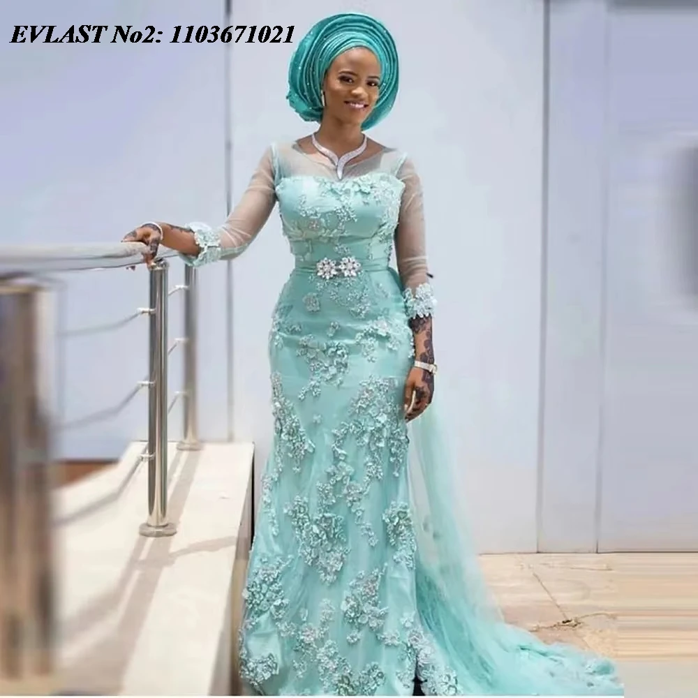 

EVLAST Индивидуальное африканское вечернее платье Aso Ebi в стиле русалки, элегантное длинное выпускное платье из тюля с аппликацией и бисером, Robe De Soiree SP68