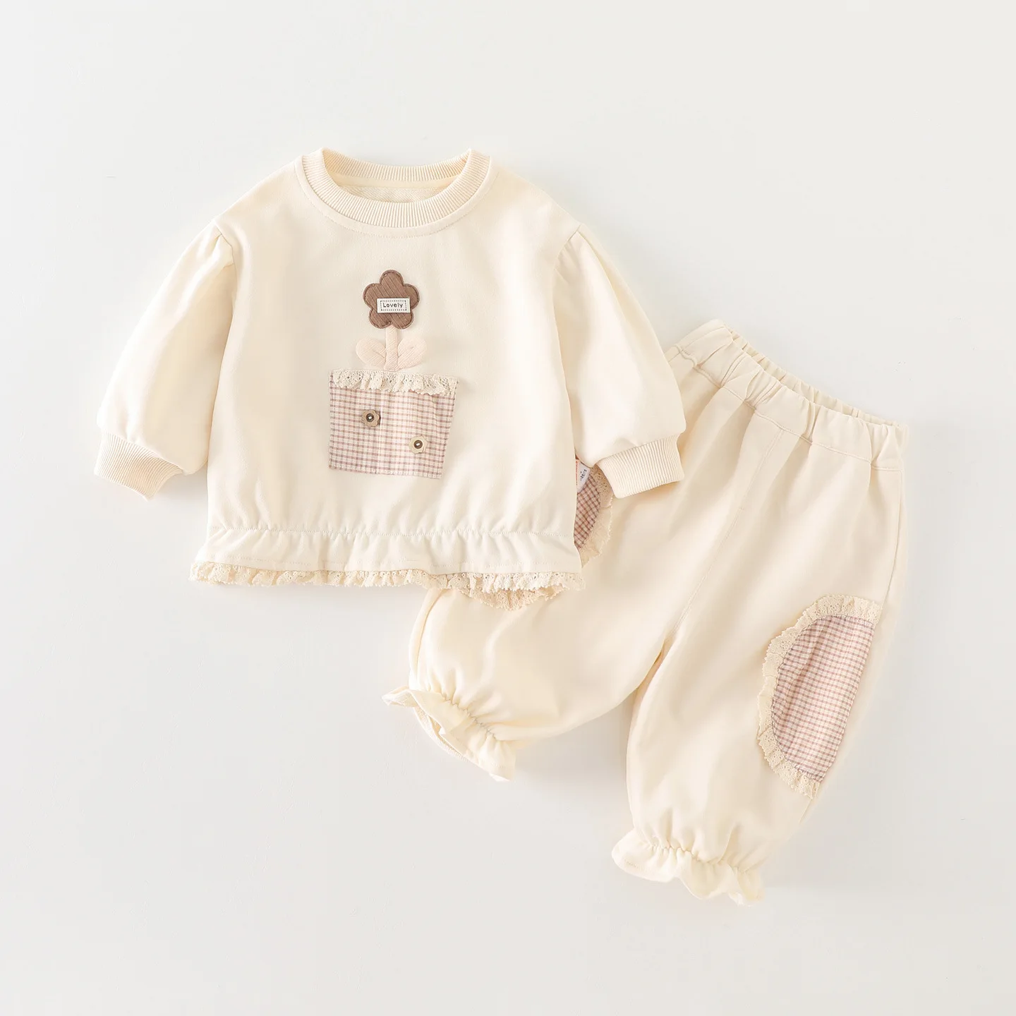 Girls' Spring and Autumn New Hoodies O-Neck Lace Cute Flowers Long Sleeve and Lace Trim Two Price Sets