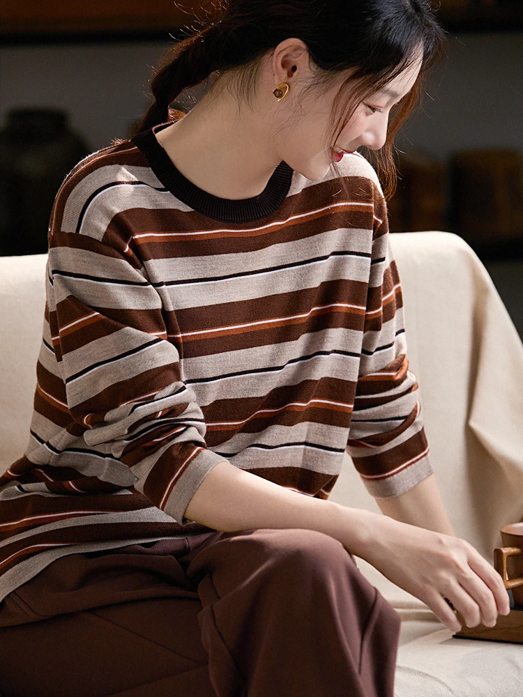 

Женский свитер Gujia Yangzi из шерстяного трикотажа с круглым вырезом, свободного кроя, легкий, в полоску, базовый слой, мягкий, удобный, зимний, модный