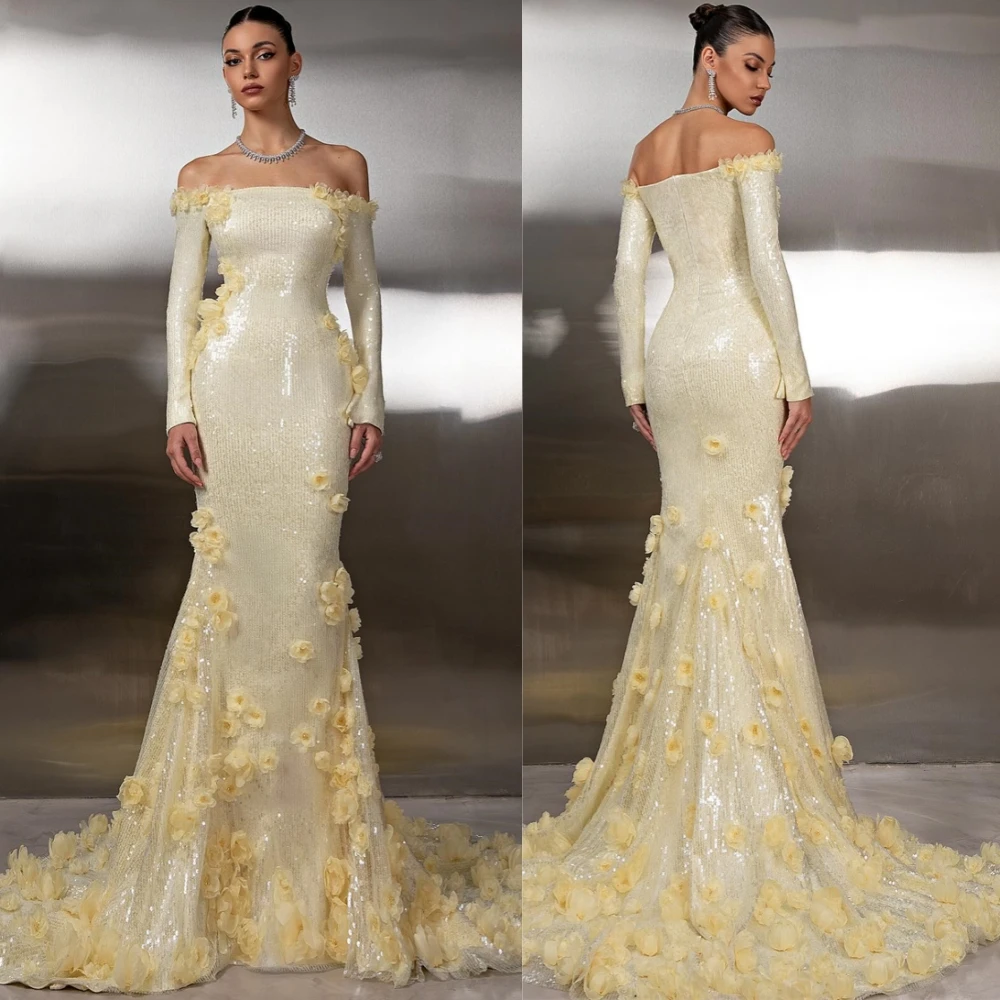 

Customized Delicate Satin Evening Dress Elegant Boat Neck Long Sleeves Prom Dress Exquisite Court Train Special Occasion Gowns