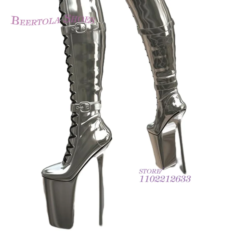 Silver Galaxy Glossy Glossy Boots Women Lace Platform 20Cm Heels Pole Dance Sexy Zipper Knee Booties Black Leather Custom Shoes