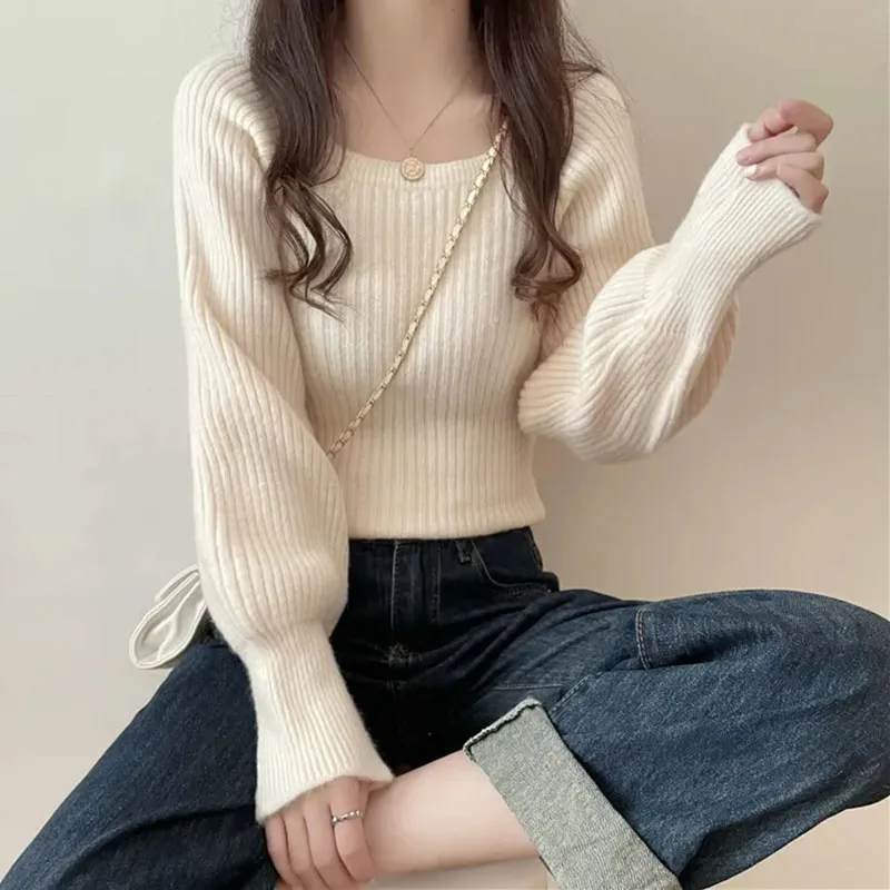 Lucyever Super Comfortable Cashmere Sweaters Woman Slim Short Square Collar Knit Jumper Woman Lantern Sleeve Sweater Pullover