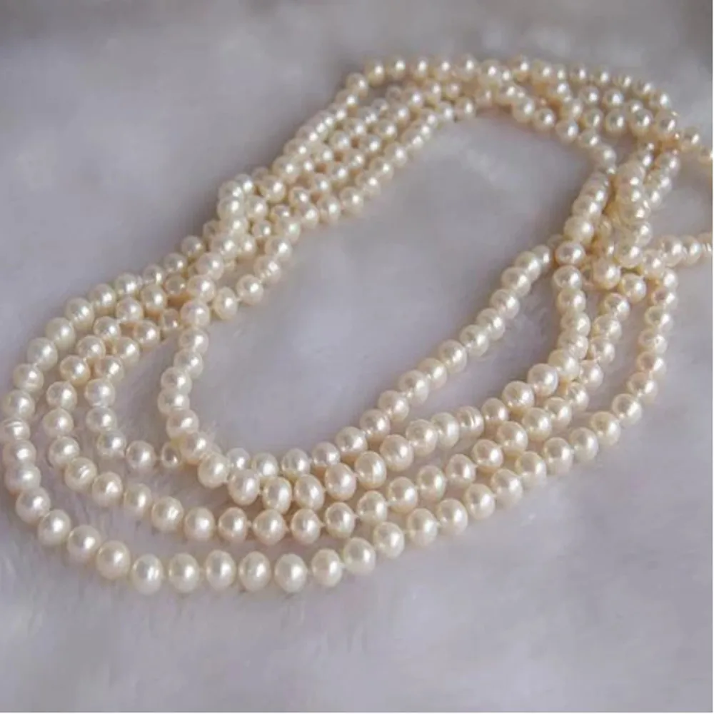 Hand knotted necklace natural 7-8mm white freshwater pearl sweater chain nearly round pearl 100“